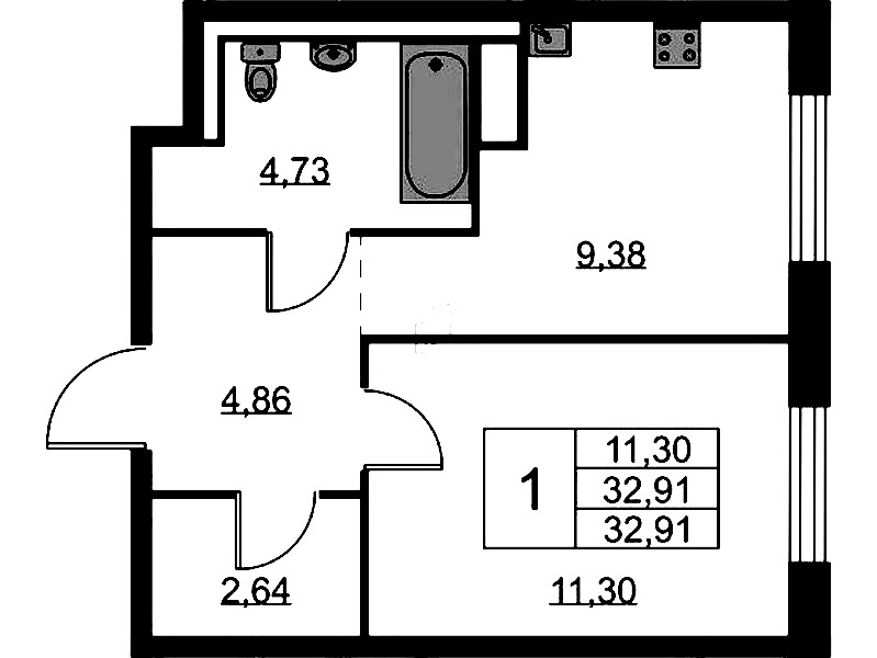 1-комнатная квартира 32.91 м², 8/9 эт., ЖК «Квартал Лаголово»